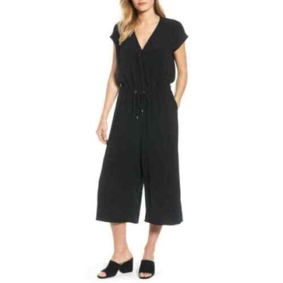 EILEEN FISHER Tencel Crepe Wide Leg Crop Cap Sleeve Jumpsuit Black - Picture 1 of 9